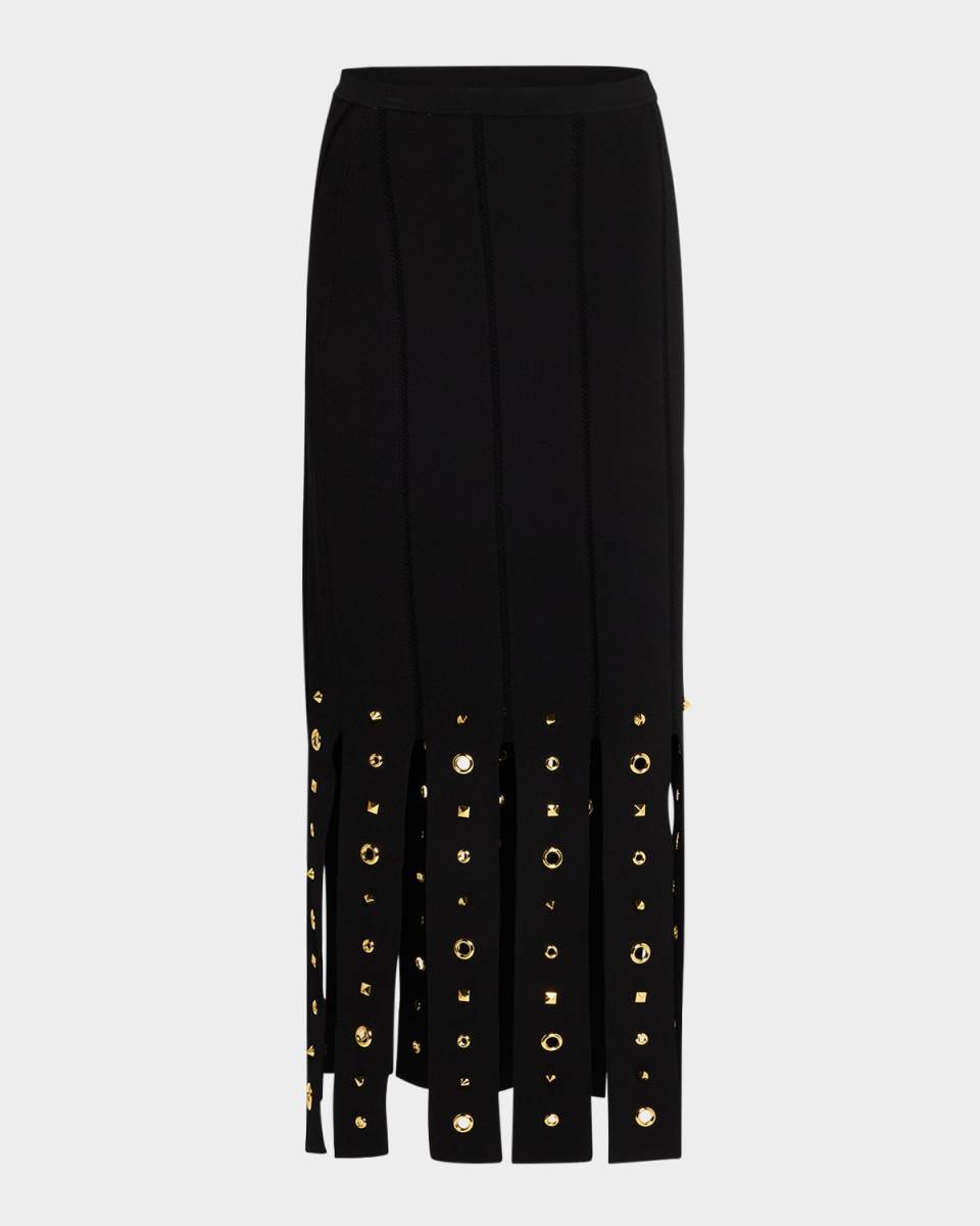 Eyelet Embellished Paneled Midi Skirt
